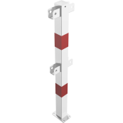 Protective railing | Steel tube 70 x 70 mm | Fixed postto be fixed by plugs | Middle post for top and quarter-bent bar | hot-dip galvanized and white coatedwith red reflecting stripes